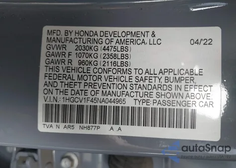 2022 Honda Accord Sport Special Edition from USA, damaged, VIN 1HGCV1F45NA044965